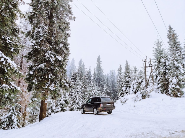 Voiture SUV dans l'espace de copie de la forêt enneigée