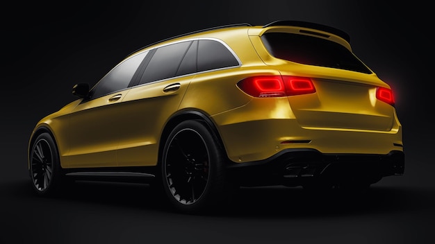Une voiture SUV sportive ultra-rapide et chère pour une conduite passionnante en ville sur l'autoroute et sur la piste de course Modèle 3D d'une voiture dorée sur fond noir isolé rendu 3d