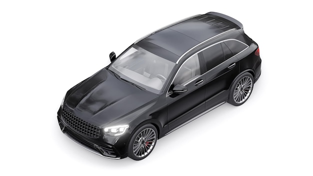 Une voiture SUV sportive ultra-rapide chère pour une conduite passionnante en ville sur l'autoroute et sur la piste de course Modèle 3D d'une voiture noire sur un fond blanc isolé rendu 3d