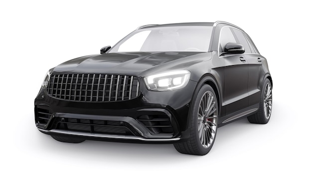 Une voiture SUV sportive ultra-rapide chère pour une conduite passionnante en ville sur l'autoroute et sur la piste de course Modèle 3D d'une voiture noire sur un fond blanc isolé rendu 3d