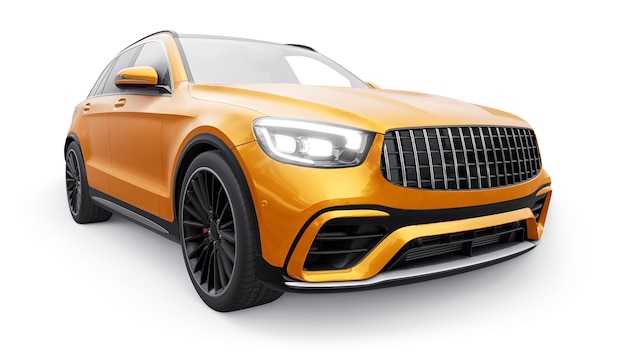 Une voiture SUV sportive ultra-rapide chère pour une conduite passionnante en ville sur l'autoroute et sur la piste de course Modèle 3D d'une voiture orange sur un fond blanc isolé rendu 3d