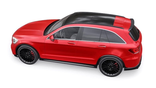 Une voiture SUV sportive ultra-rapide et chère pour une conduite passionnante en ville sur l'autoroute et sur la piste de course Modèle 3D d'une voiture rouge sur un fond blanc isolé rendu 3d