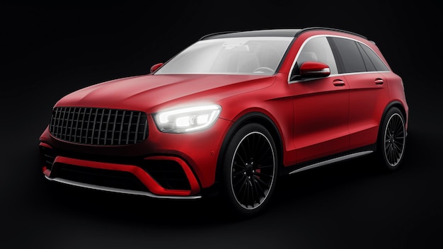 Une voiture SUV sportive ultra-rapide chère pour une conduite passionnante en ville sur l'autoroute et sur la piste de course Modèle 3D d'une voiture rouge sur fond noir isolé rendu 3d