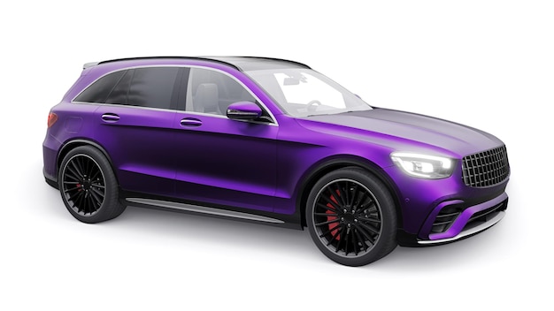 Une voiture SUV sportive ultra-rapide chère pour une conduite passionnante en ville sur l'autoroute et sur la piste de course Modèle 3D d'une voiture violette sur un fond blanc isolé rendu 3d