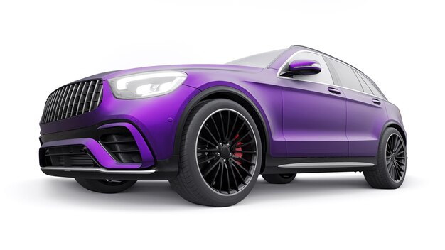 Une voiture SUV sportive ultra-rapide chère pour une conduite passionnante en ville sur l'autoroute et sur la piste de course Modèle 3D d'une voiture violette sur un fond blanc isolé rendu 3d