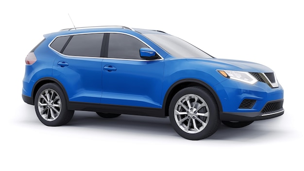Voiture SUV urbaine familiale de taille moyenne bleue sur fond blanc illustration 3D
