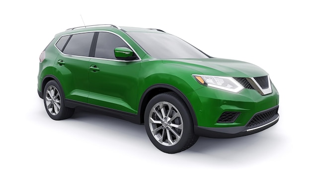 Voiture SUV urbaine familiale de taille moyenne verte sur fond blanc illustration 3D