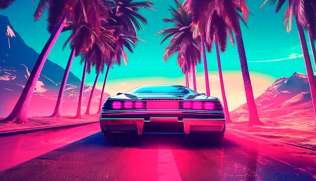 voiture synthwavevaporwave à cheval sur la colline de la route parmi les palmiers lumière volumétrique large vue