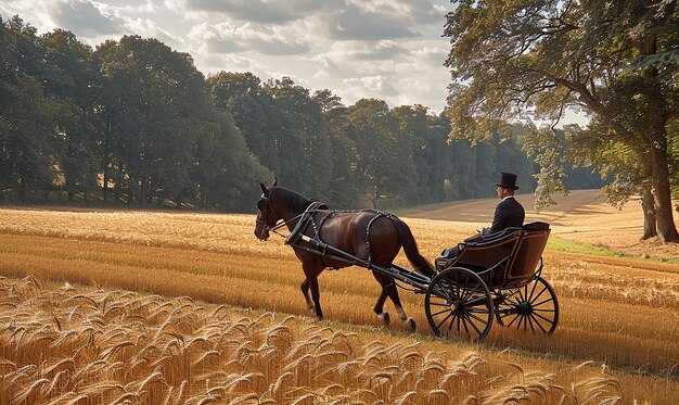 une voiture tirée par un cheval traverse un champ de blé