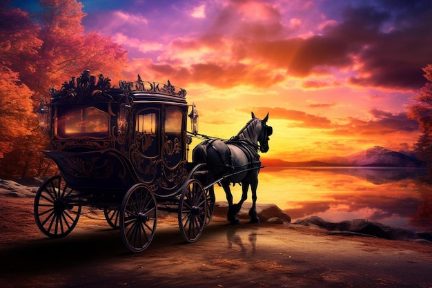 Une voiture tirée par des chevaux contre un coucher de soleil coloré