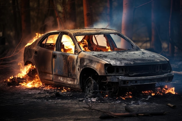 Une voiture totalement brûlée photographiée après un incendie