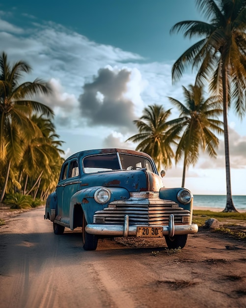 voiture tout-terrain colorée sur la plage avec des palmiers et des vibrations heureuses du soleil