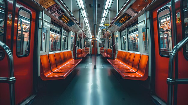 Une voiture de train avec des sièges rouges et une porte et des fenêtres rouges à l'intérieur avec un sol noir