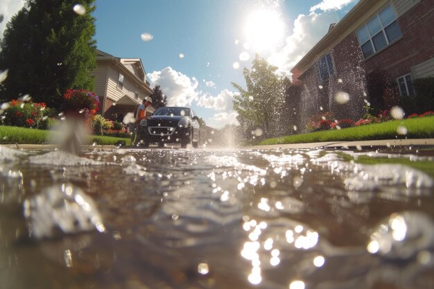 Photo la voiture traverse une énorme flaque d'eau et trempe le photographe.