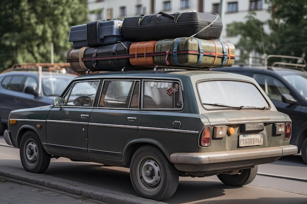 Photo une voiture avec des valises sur la galerie de toit et un panneau routier en arrière-plan