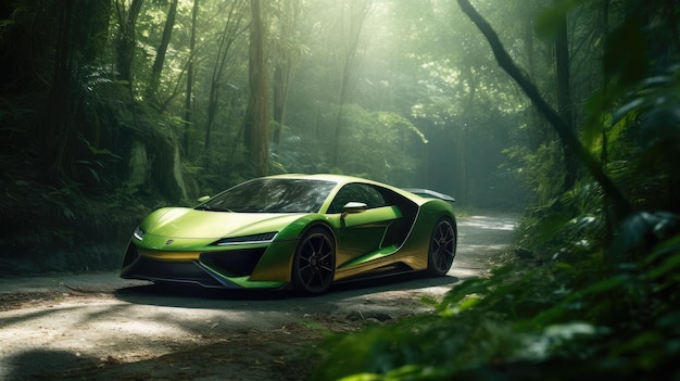 Une voiture verte dans la forêt avec le mot bugatti sur le devant.