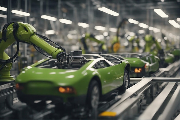 une voiture verte est sur un tapis roulant avec d'autres voitures dans une usine.