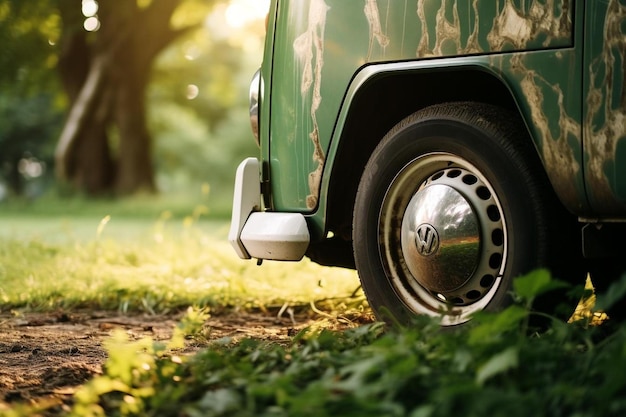 une voiture verte avec le mot " sur le devant.