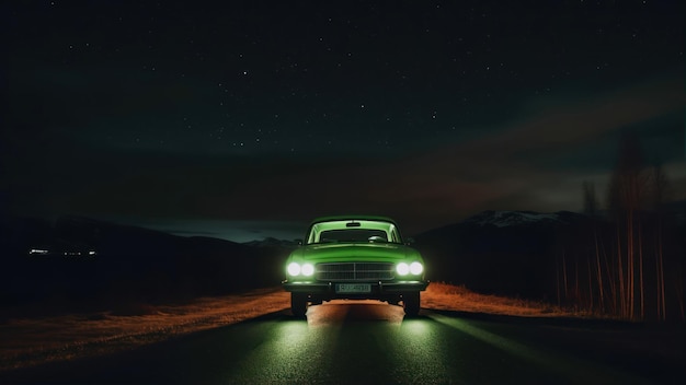 Une voiture verte roule sur une route avec les mots "voiture" sur le devant.