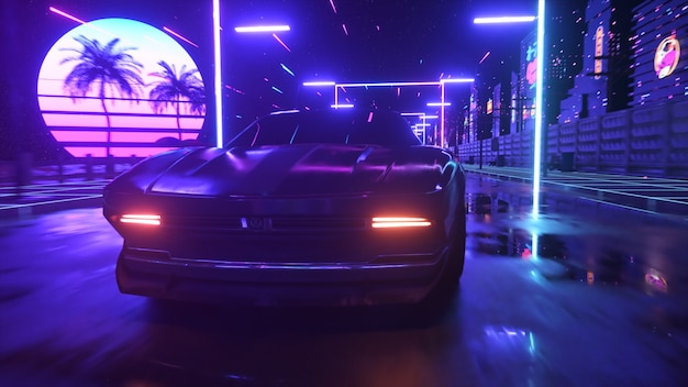 Voiture et ville de style cyberpunk néon. Illustration 3d de fond retrowave des années 80. Voiture rétro futuriste en voiture à travers la ville de néon.