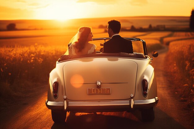 Une voiture vintage avec le couple conduisant vers le coucher de soleil