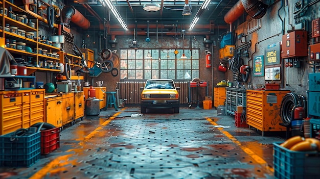 Une voiture vintage dans un garage Une voiture rétro dans le garage