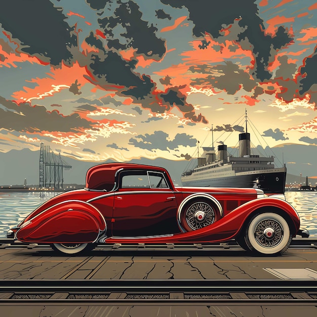 Une voiture vintage élégante au bord du port au crépuscule