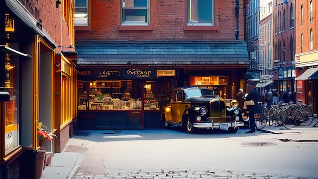 Une voiture vintage est garée à l'extérieur d'un bâtiment avec un panneau indiquant de la farine d'avoine.
