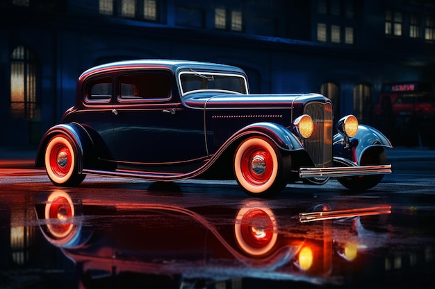 Une voiture vintage avec les lumières allumées