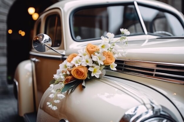 Photo une voiture vintage ornée de fleurs de mariage.