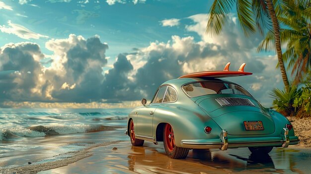 Une voiture vintage sur la plage dans les tropiques