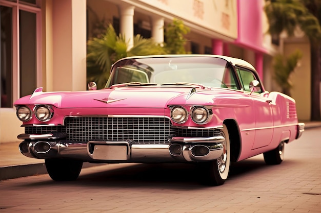 Une voiture vintage rose rétro dans une rue