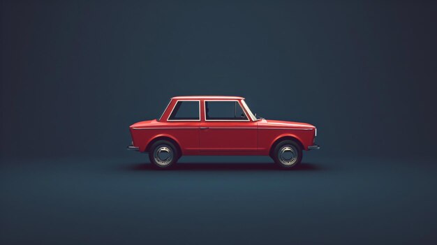 Une voiture vintage rouge est garée dans un vide bleu foncé. La voiture est d'un design simple avec une carrosserie ronde et de grandes roues.