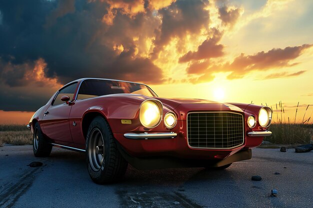 Une voiture vintage sur la route au coucher du soleil