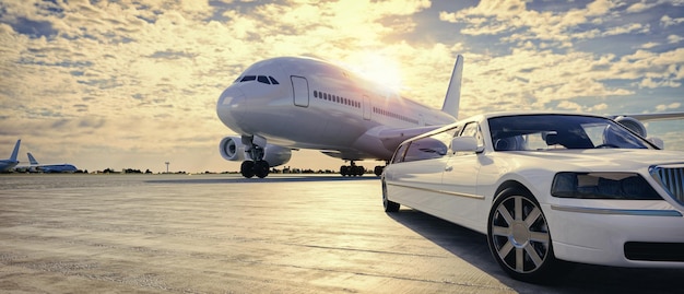 La voiture VIP est garée sur la piste et il y avait un avion garé sur le côté, rendu 3D et illustration