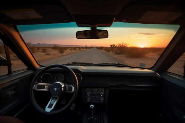 Une voiture avec un volant et le soleil se couchant derrière