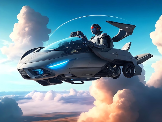 Une voiture volante futuriste scifi planait dans le ciel généré par ai