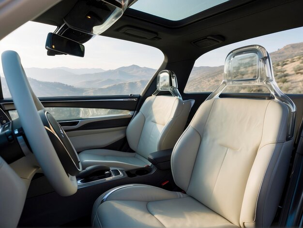 une voiture avec une vue sur les montagnes de l'intérieur