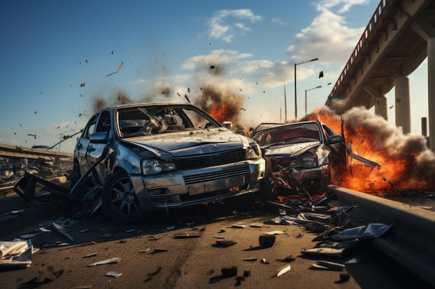 Photo des voitures accidentées se heurtent sur l'autoroute causant des dégâts.