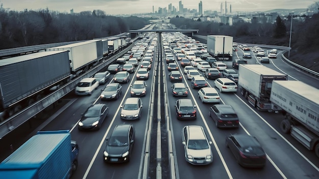 Des voitures et des camions se précipitent sur une autoroute à plusieurs voies à Turin, en Italie.