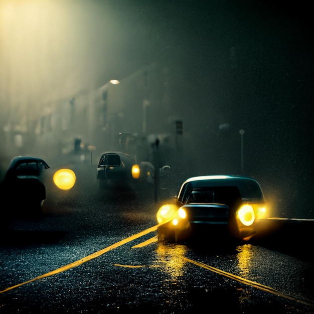 voitures circulant dans une rue la nuit sous la pluie IA générative