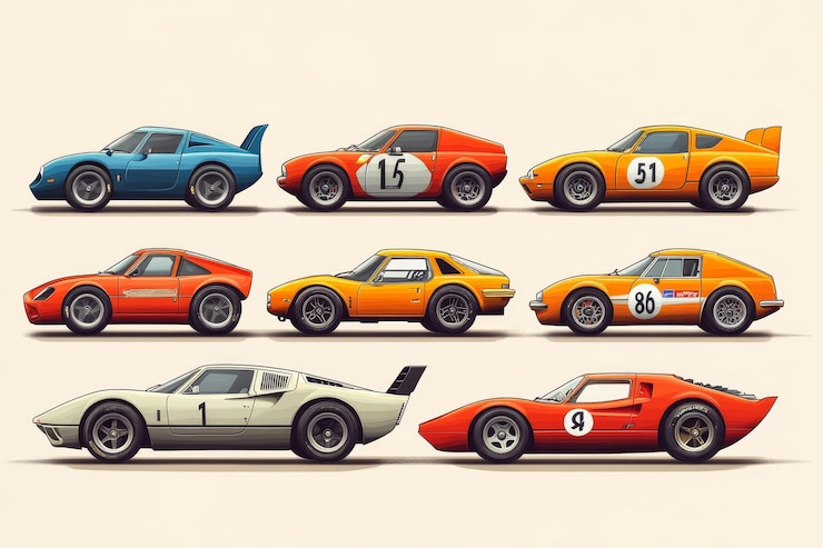 Photo des voitures de course d'époque une collection colorée