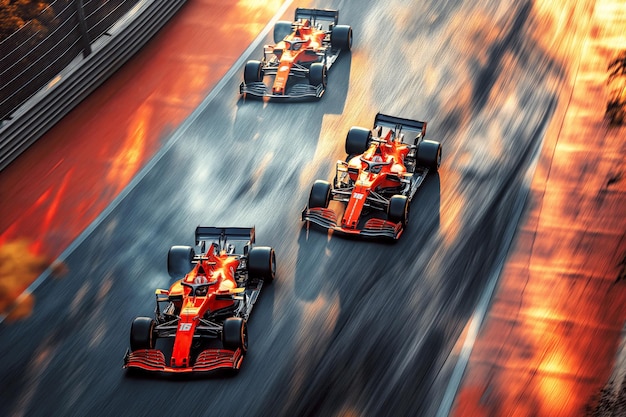 Des voitures de course rouges conduisent sur la piste dans la course du Grand Prix de Formule 1 Vue aérienne supérieure au-dessus du drone