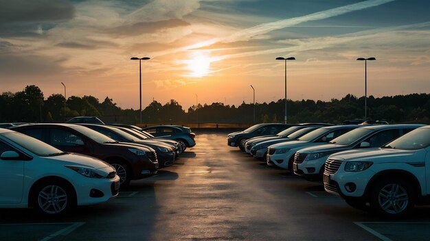 Des voitures dans un parking à la lumière du soleil du soir