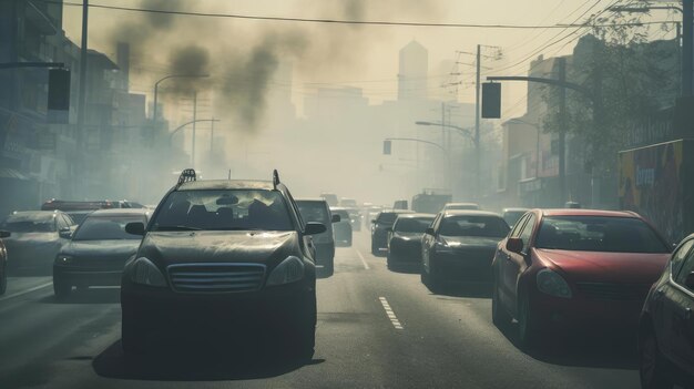 Photo les voitures dans les rues de la ville sont coincées dans un embouteillage avec une épaisse fumée