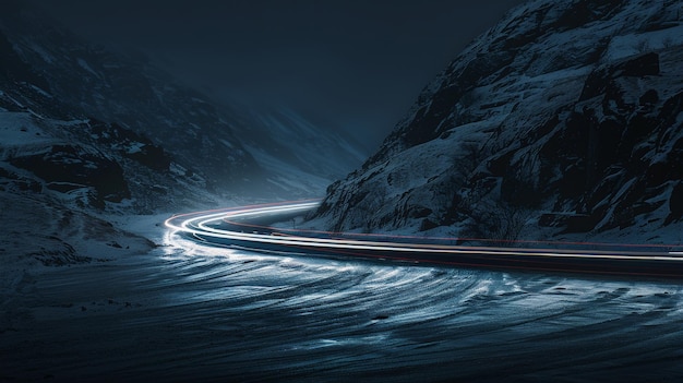 Les voitures éclairent les sentiers la nuit dans une courbe d'asphalte, les montagnes, la route la nuit, l'image à longue exposition.