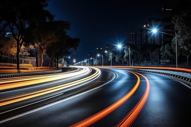 Les voitures éclairent les sentiers la nuit sur une route asphaltée courbe la nuit IA générative