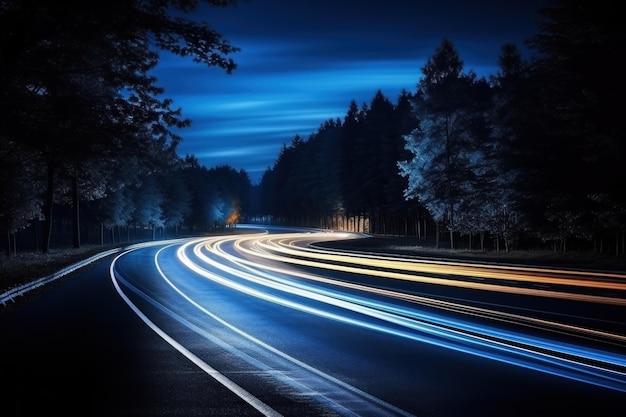 Les voitures éclairent les sentiers la nuit sur une route asphaltée courbe la nuit IA générative