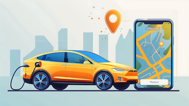 Les voitures électriques modernes jaunes se chargent près du smartphone de l'utilisateur avec une carte de la région Le concept de choisir la meilleure route pour un voyage en voiture