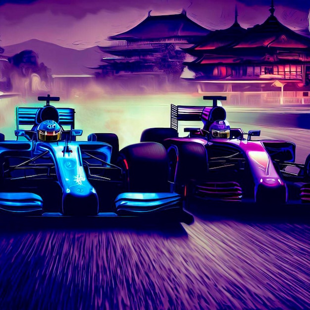 Photo des voitures de f1 en compétition côte à côte sur une piste avec des bâtiments japonais en arrière-plan